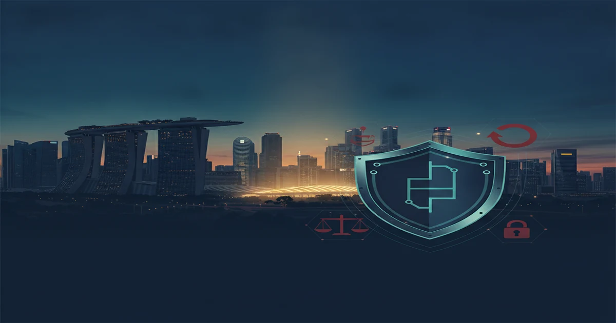 Editorial illustration of Singapore gambling enforcement, showing a city skyline, secure payment controls and football-event lighting without brand names or readable text. Singapore illegal gambling enforcement represented by a city skyline, payment shield and football lights